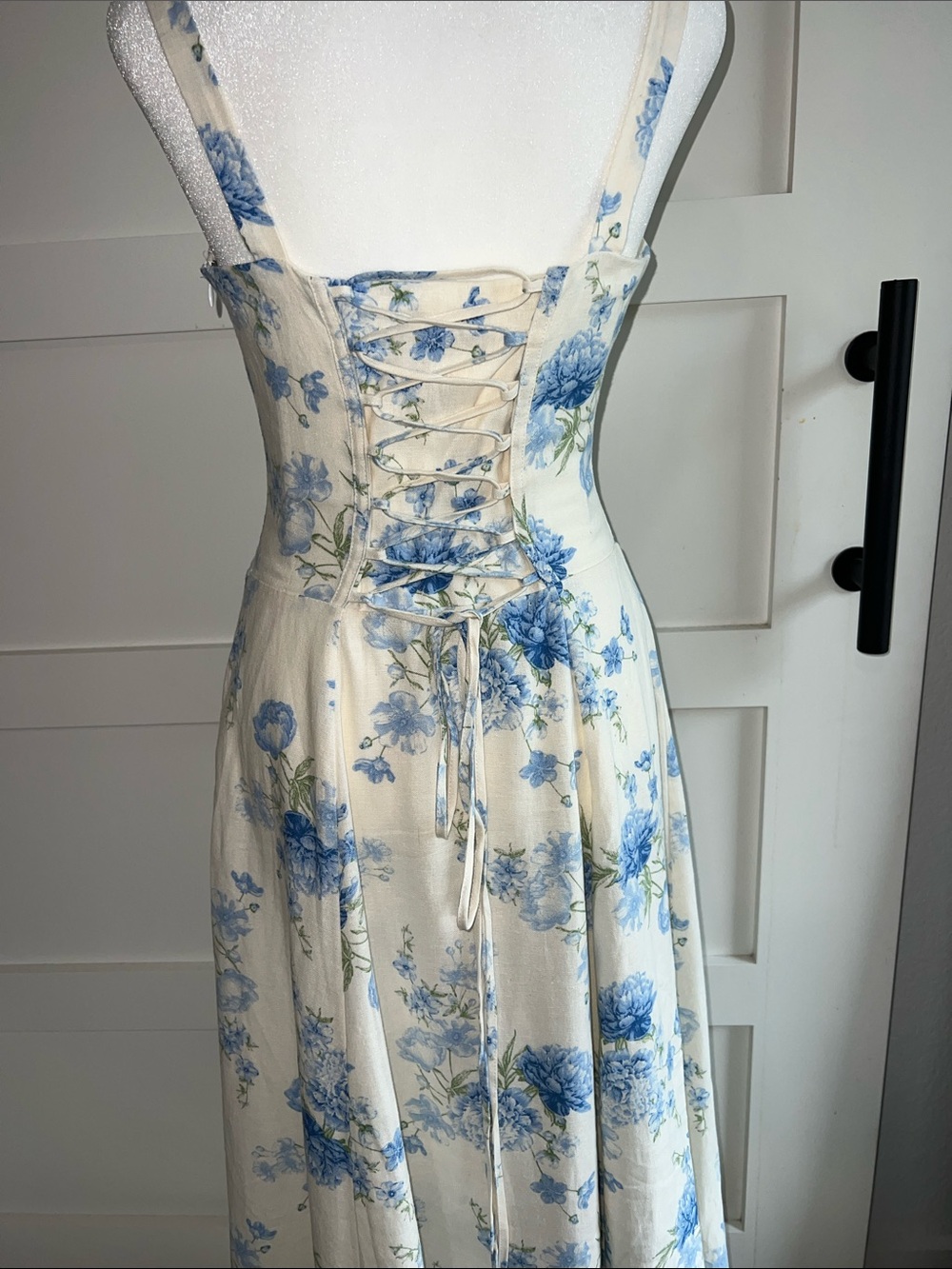 Blue Floral Cream Maxi Dress - Sleeveless Summer Dress - Picture 4 of 8